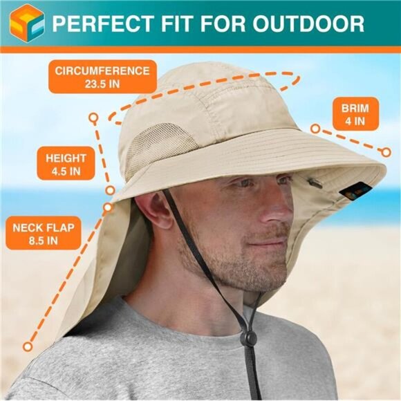 Wide Brim Sun Hat with Neck Flap, UPF50+ Hiking Safari Fishing Hat for Men Women - Picture 6 of 7